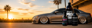 Diamond Detailing Perth car care products banner with ceramic coated vehicle at sunset