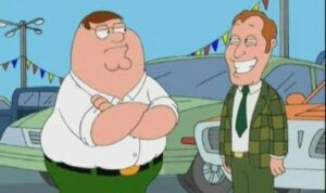 Family Guy listening to dodgy car dealership sales pitch