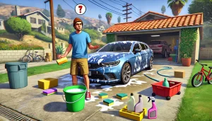 A confused DIY tinter attempting to wash a car in a driveway with improper tools, illustrating poor preparation practices for paint protection.