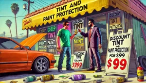 A shady tint shop with a salesman aggressively promoting cheap paint protection to a skeptical customer, illustrating the pitfalls of low-cost automotive services.