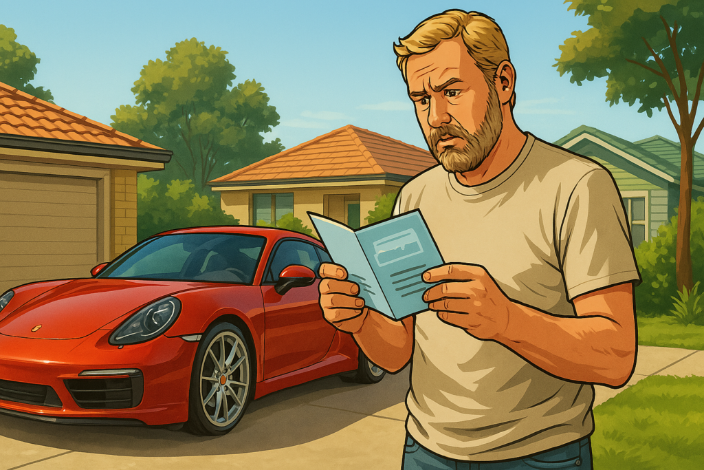 Man looking confused while reading paint protection brochure outside new car in Perth