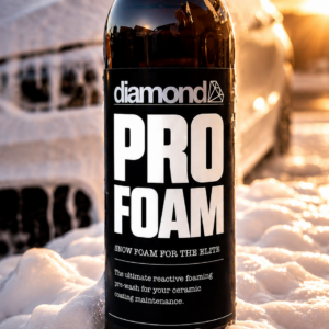 Diamond Pro Foam snow foam pre-wash for ceramic coated vehicles with foam-covered car at sunset