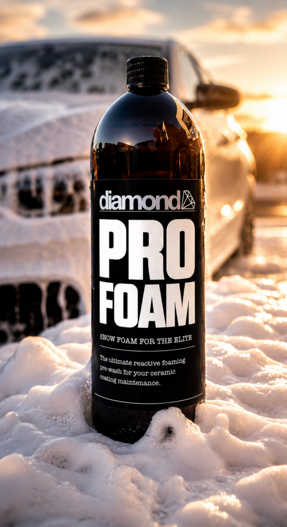 Diamond Pro Foam snow foam pre-wash for ceramic coated vehicles with foam-covered car at sunset